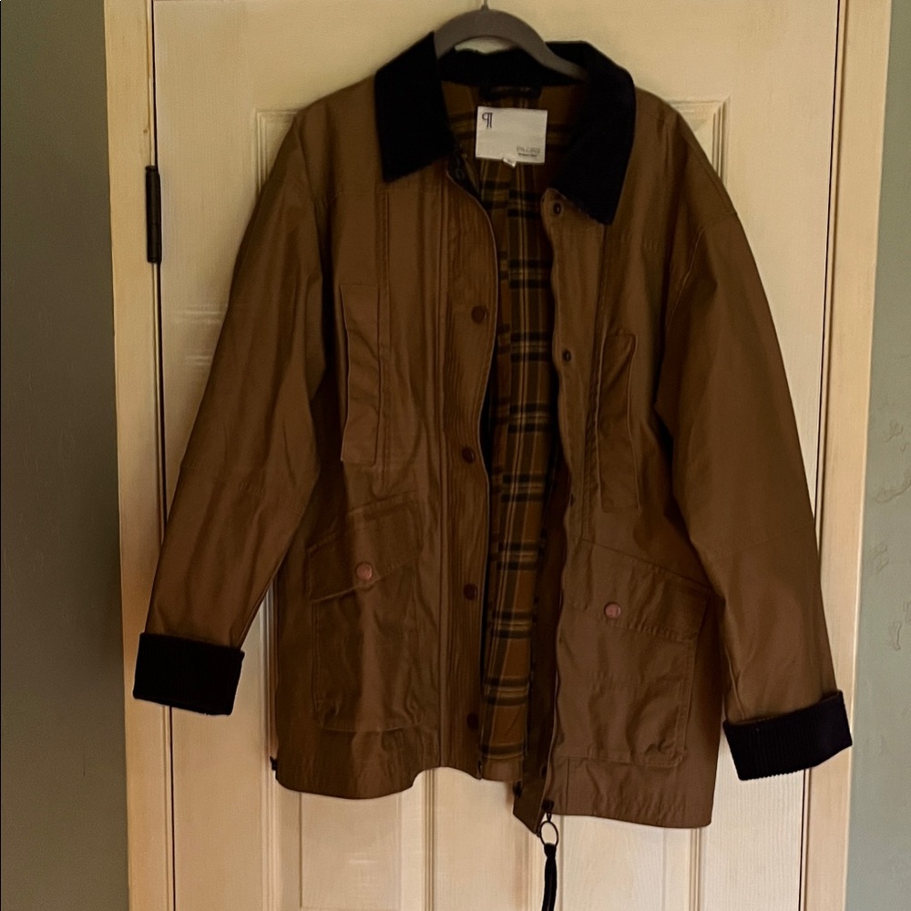 Barn jacket by Pilcro Jacket with Navy Blue Trim cordoroy and Plaid Flannel.